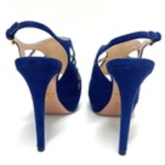 PRADA Camoscio Blue Suede Cutout Slingback Heels Shoes NEW 39